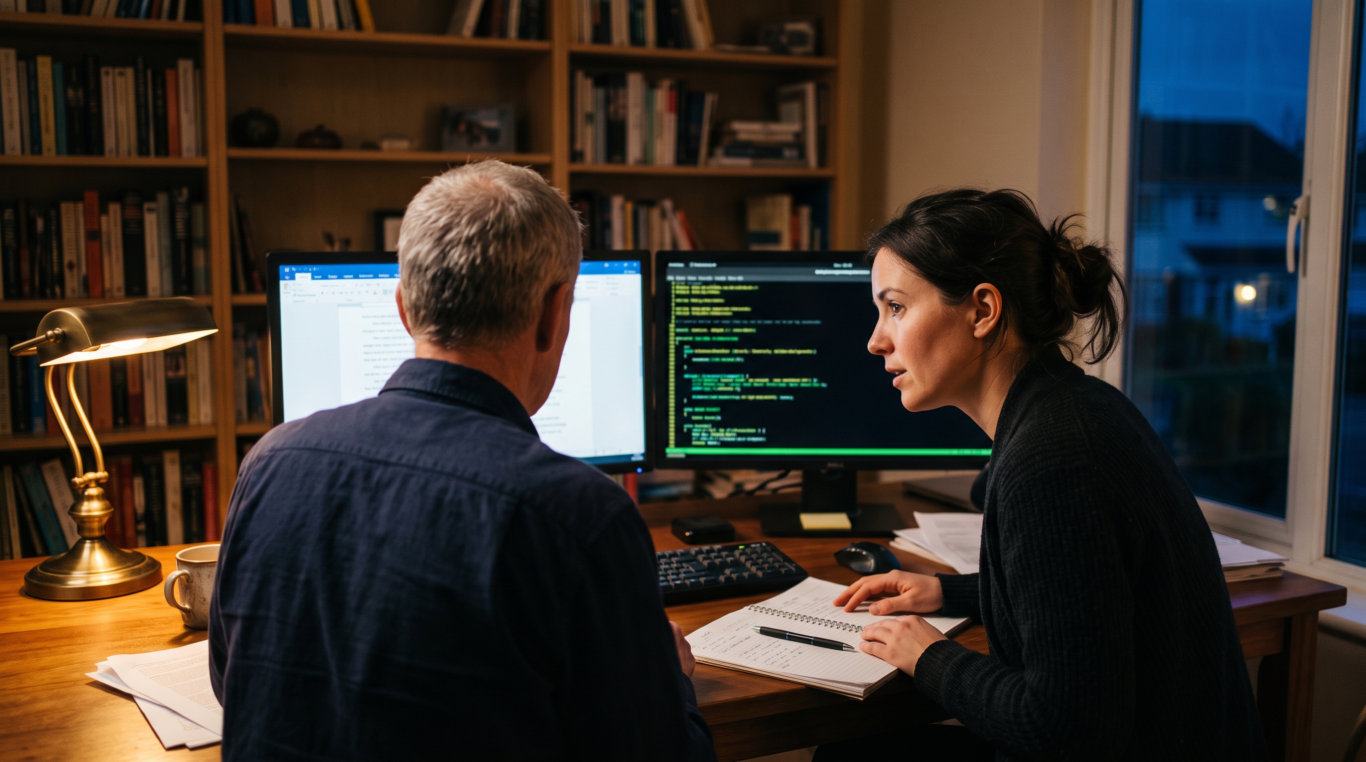 Two people at desks, working on a manuscript.